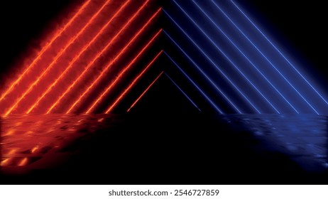 Fundo colorido abstrato com vigas de néon brilhantes e linhas brilhantes refletindo no chão. Superfície escura reflexiva limpa. Cena futurista de ficção científica, fundo vazio. Ilustração vetorial.