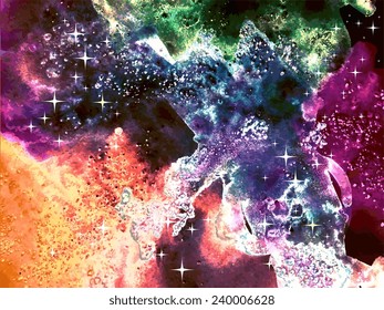 Abstract colorful background. Bright watercolor cosmos with stars.