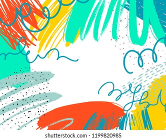 Abstract colorful background with brush strokes and doodles. Vector ink illustration. Creative doodle art with different shapes and textures. 