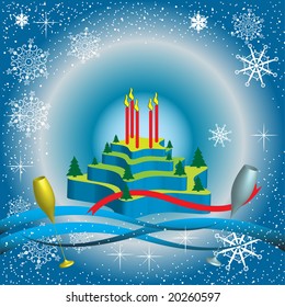 Abstract colorful background with cake, small fir tree ornaments, red candles, snowflakes and a pair of champagne flutes