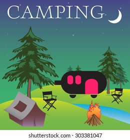 Abstract colorful background with a car caravan trailer, chairs, a small tent and a night fire in the middle of the nature. Camping theme