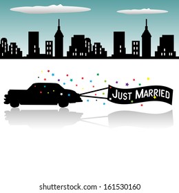 Abstract colorful background with a car pulling a banner with the text just married. Marriage concept