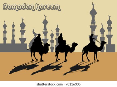 Abstract colorful background with caravan passing near an islamic town. Islamic greeting card for the holy month of Ramadan Kareem