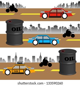 Abstract colorful background with cars, motorcycles and oil barrels in the middle of the road. Oil consumption theme