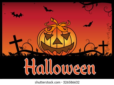 Abstract colorful background with carved pumpkin, bats and the text Halloween written with red letters