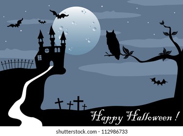 Abstract colorful background with castle, full moon, bats, an owl standing on the branch of a tree and the text Happy Halloween written with white letters
