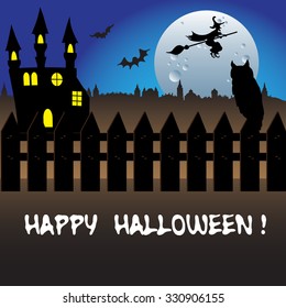 Abstract colorful background with castle, witch flying on a broom and a creepy owl standing on a fence. Halloween greeting concept