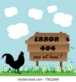 Abstract colorful background with a chicken staring at a wooden plate on which is written error 404, page not found. Internet error funny concept