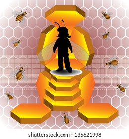 Abstract colorful background with a child dressed as a bee and standing on a throne made from honeycomb cells