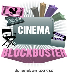 Abstract colorful background with cinema tickets, director chair, clapboard, stars and the word blockbuster written with capital letters. Cinema theme