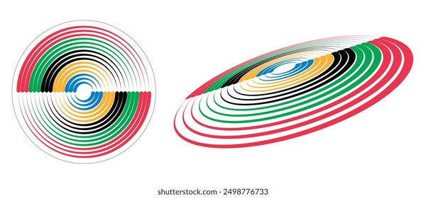 Abstract colorful background in circle. Red, Green, Black, Yellow and Blue colors spiral lines.