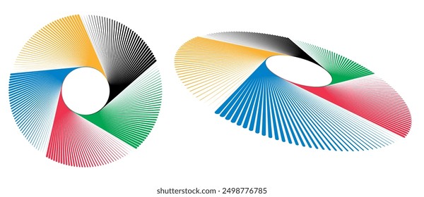 Abstract colorful background in circle. Red, Green, Black, Yellow and Blue colors spiral lines.