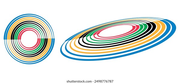 Abstract colorful background in circle. Red, Green, Black, Yellow and Blue colors spiral lines.