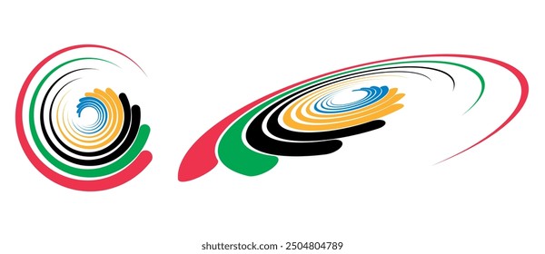 Abstract colorful background in circle. Red, Green, Black, Yellow and Blue colors spiral lines.