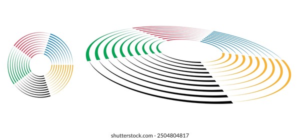 Abstract colorful background in circle. Red, Green, Black, Yellow and Blue colors spiral lines.