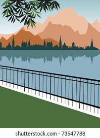 Abstract colorful background with city reflection in the water of a lake