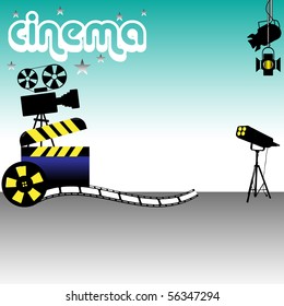 Abstract colorful background with clapboard, film reel, stage lights and movie projector. Cinema theme