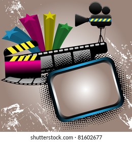 Abstract colorful background with clapboard, film strip, movie projector, colorful stars and a small blank frame. Cinema design