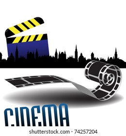 Abstract colorful background with clapboard, filmstrip and building silhouettes. Cinema concept