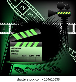 Abstract colorful background with clapboard, movie projector and numbered filmstrips. Cinema theme