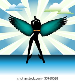 Abstract colorful background with clouds and angel silhouette with colored wings