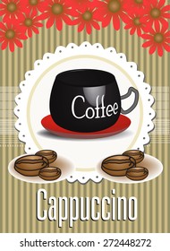 Abstract colorful background with coffee cup, coffee beans and the word cappuccino written lower