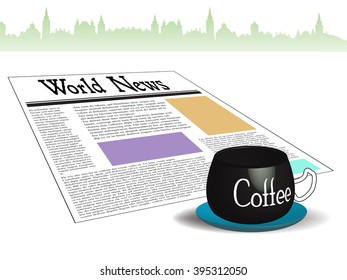 Abstract colorful background with coffee cup near a newspaper with the title World News