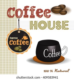 Abstract colorful background with coffee cup, coffee beans and the text coffee house written with brown letters