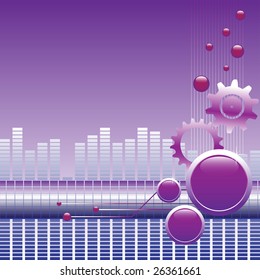 Abstract colorful background with cog wheels, bubbles and spherical glossy objects. High tech background