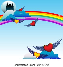 Abstract colorful background with colored hearts with wings flying among clouds. Valentine's Day concept