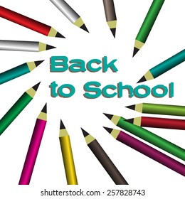 Abstract colorful background with colored pencils and the text back to school written in blue in the middle of the image 