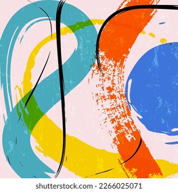 composición de fondo colorido abstracto, ilustración con líneas, ondas, círculo, trazos de pintura y salpicaduras 