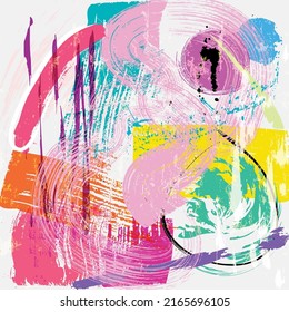 abstract colorful background composition, with lines, waves, circle, paint strokes and splashes 