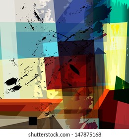 abstract colorful background composition, with strokes, splashes and geometric lines, halftone