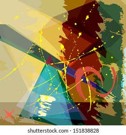 abstract colorful background composition, with strokes, splashes and geometric lines, halftone 
