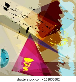 abstract colorful background composition, with strokes, splashes, geometric lines and circle, halftone