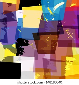 abstract colorful background composition, with trapeze, strokes and splashes, halftone