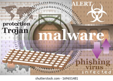 Abstract colorful background with computer keyboard, binary codes and various elements related to the malware concept