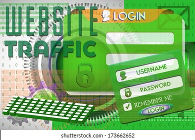 Abstract colorful background with computer keyboard, login design and the text website traffic written with green letters. Website traffic theme