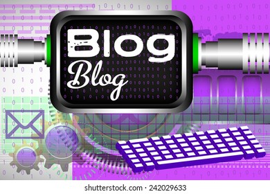 Abstract colorful background with computer keyboard, screen and the text blog written on the screen with white letters