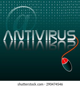 Abstract colorful background with a computer mouse connected to the word antivirus. Internet security concept