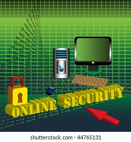 Abstract colorful background with computer, red cursor, yellow padlock and the text online security written with capital letters