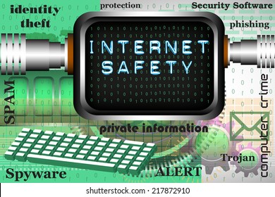 Abstract colorful background with computer screen connected to the internet and the text internet safety written on the screen. Online safety theme