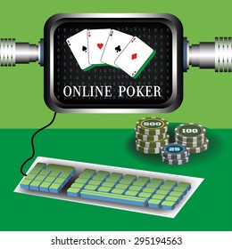 Abstract colorful background with computer screen, keyboard and poker chips. Online poker concept