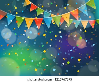 Abstract colorful background with confetti and color flags. Vector illustration