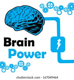 Abstract colorful background with connected brain and blue gears. Brain power concept