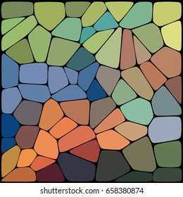 Abstract colorful background consisting of black lines with rounded edges of different sizes and brown, orange, green, blue geometrical shapes. Vector illustration.