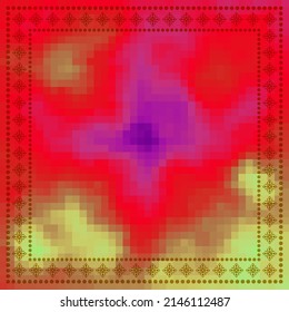 Abstract colorful background. Contemporary modern art for silk scarf, hijab shawl design. Mosaic pixel texture with geometric frame border. Fashion illustration