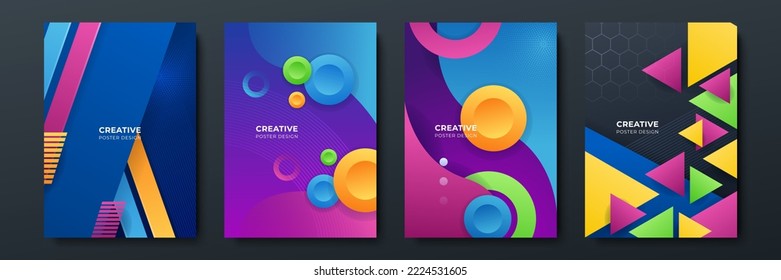 Abstract colorful background cover set with modern clean geometric shiny shapes elements for cover, presentation, poster, banner. Vector illustration for multipurpose business or technology needs