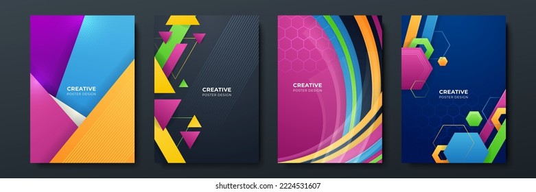 Abstract colorful background cover set with modern clean geometric shiny shapes elements for cover, presentation, poster, banner. Vector illustration for multipurpose business or technology needs